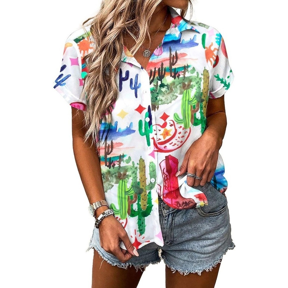 Western Shirt Women's Medium Cactus Desert All Over Print Short Sleeve Button Up